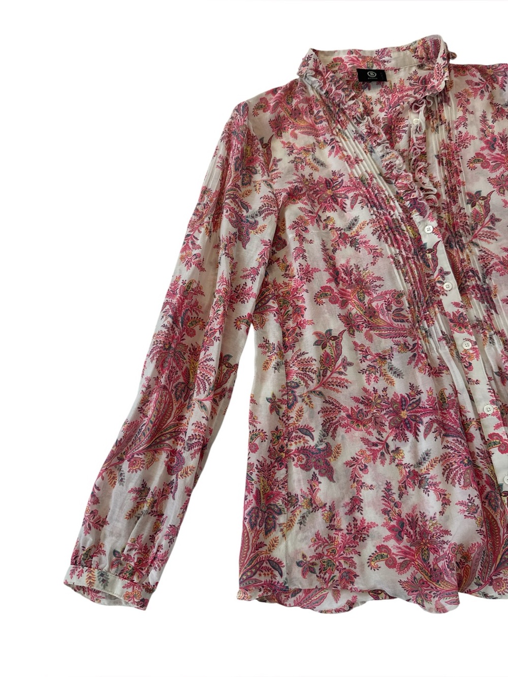 Bogner Floral Ruffle Pintuck Button Down Blouse - Picture 4 of 8